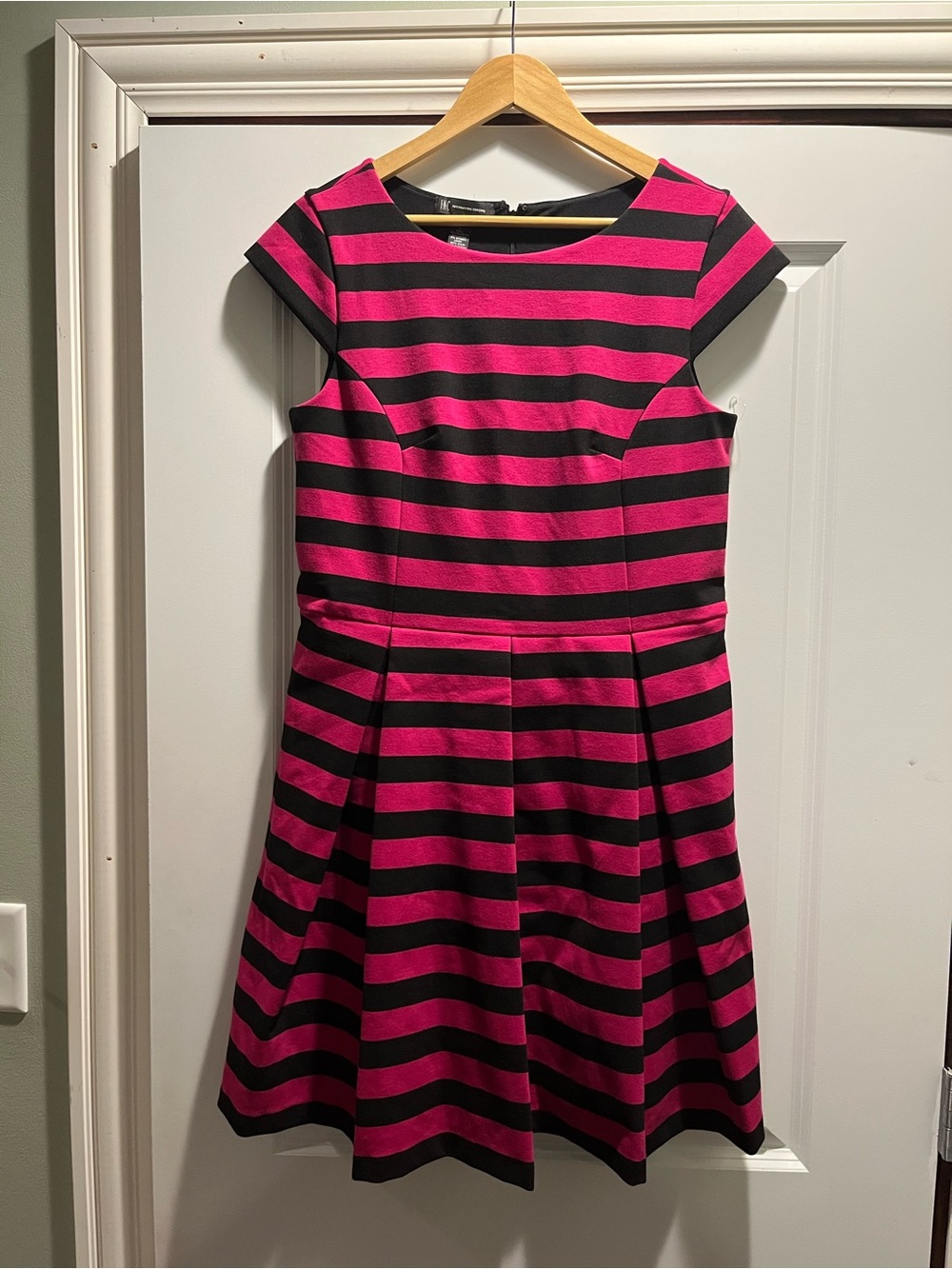 INC International Concepts Black and Pink Striped Fit-and-Flare Dress